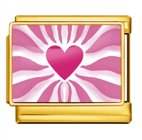 Charm maillon doré motif coeur rose fuchsia rayonnant en acier inoxydable, bracelet charm italien