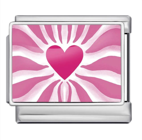 Charm coeur rose fuchsia rayonnant sur fond rose, motif flammes ondulantes, acier inoxydable, bracelet charm italien