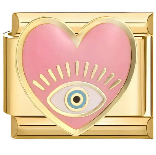 Charm coeur rose émail avec oeil mystique doré en acier inoxydable sur bracelet charm italien