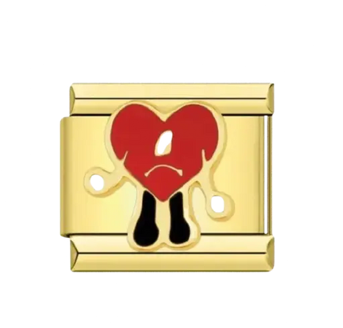 Charm coeur triste Bad Bunny, maillon doré en acier inoxydable avec motif coeur rouge en email et jambes noires, bracelet charm italien