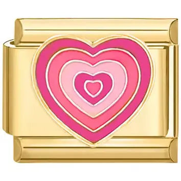 Charm coeurs concentriques en émail rose et fuchsia sur maillon doré, acier inoxydable, bracelet charm italien