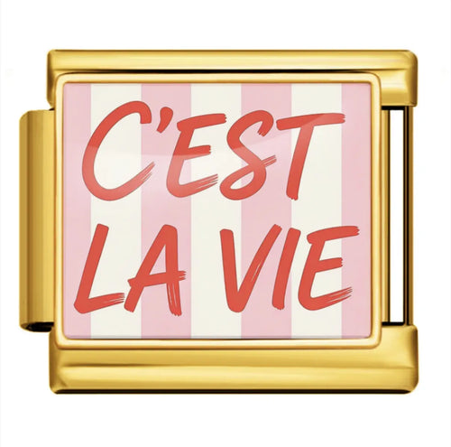 Charm C'est la Vie maillon carré doré fond rayé rose inscription rouge acier inoxydable bracelet charm italien