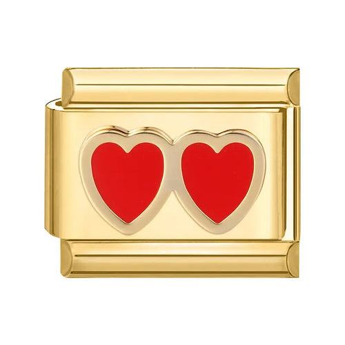 Charm double cœur rouge en émail sur maillon doré, acier inoxydable, bracelet charm italien