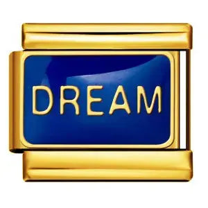Charm bleu marine émaillé lettres DREAM dorées en relief, acier inoxydable, bracelet charm italien