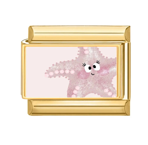 Charm étoile de mer rose pailletée à visage kawaii base dorée Le Charm Italien