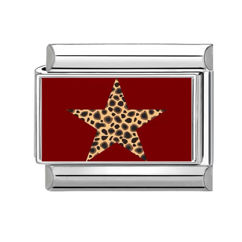 Charm acier inoxydable fond rouge bordeaux étoile motif léopard bracelet charm italien