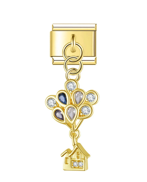 Charm pendentif Là-Haut ballons zircons bleu mauve et maison dorée, acier inoxydable, bracelet charm italien