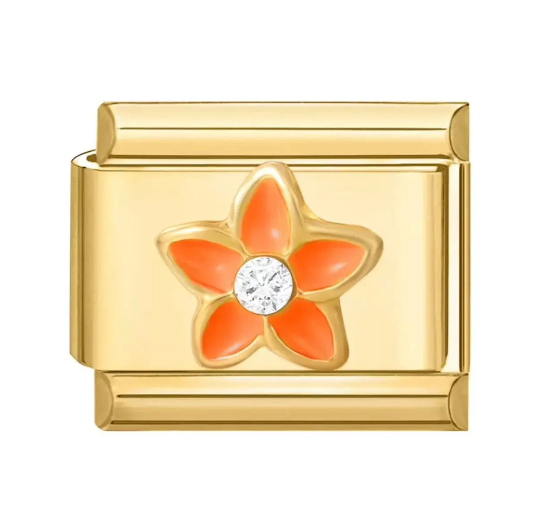 Charm fleur orange émail cinq pétales zircone blanche maillon doré acier inoxydable bracelet charm italien
