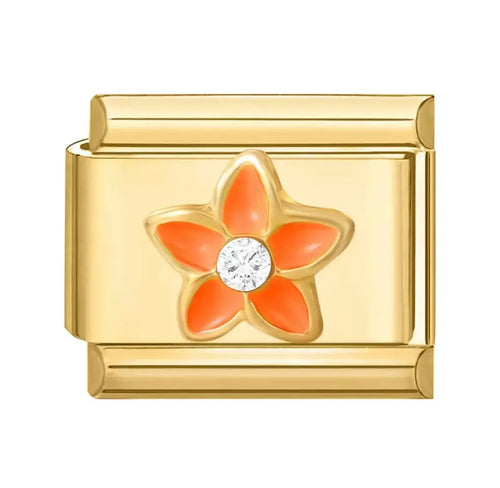 Charm fleur orange émail cinq pétales zircone blanche maillon doré acier inoxydable bracelet charm italien