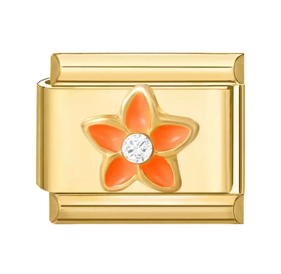 Charm fleur orange émail cinq pétales zircone blanche maillon doré acier inoxydable bracelet charm italien