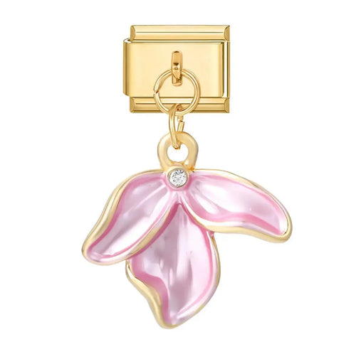Charm pendentif fleur rose nacré contour doré et strass blanc, acier inoxydable, bracelet charm italien