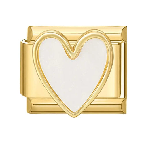 Charm grand cœur blanc nacré cerclé d'or en acier inoxydable, maillon pour bracelet charm italien