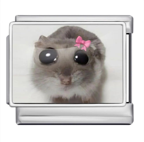 Charm hamster gris noeud rose grands yeux noirs maillon acier inoxydable bracelet charm italien