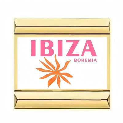 Charm Ibiza Bohemia, soleil orange et lettrage rose sur maillon plat doré en acier inoxydable pour bracelet charm italien