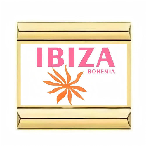 Charm Ibiza Bohemia, soleil orange et lettrage rose sur maillon plat doré en acier inoxydable pour bracelet charm italien