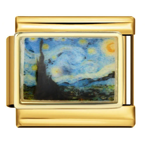 Charm maillon carré doré avec motif La Nuit Étoilée de Van Gogh sous résine, acier inoxydable, bracelet charm italien