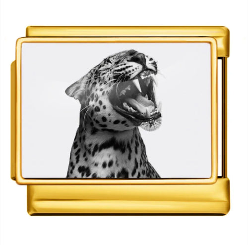 Charm léopard doré acier inoxydable, motif léopard rugissant noir et blanc sur maillon rectangulaire, bracelet charm italien