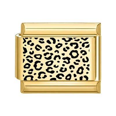 Charm léopard doré, imprimé taches noires sur fond crème, maillon rectangulaire en acier inoxydable, bracelet charm italien
