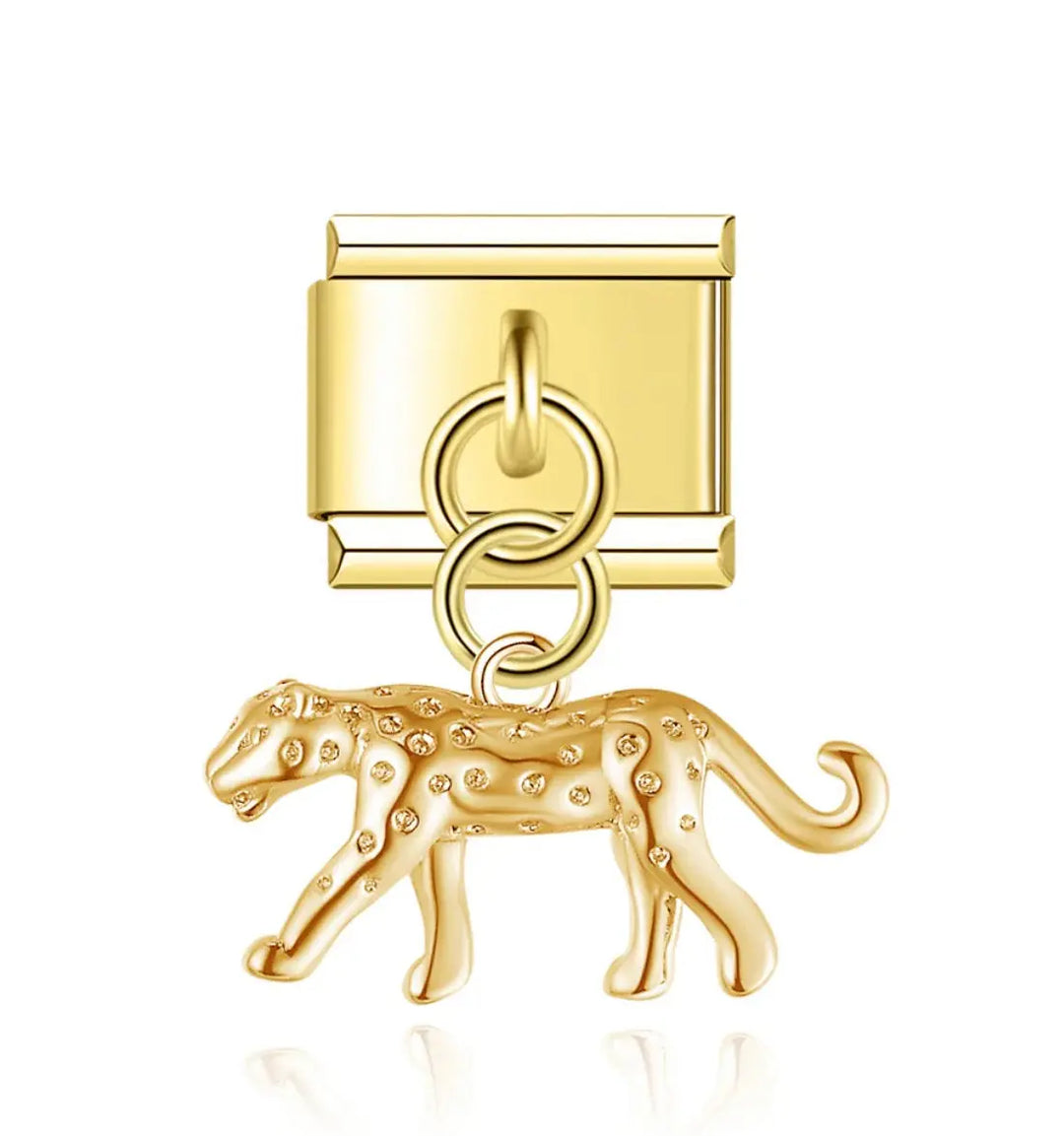 Charm pendentif léopard doré en acier inoxydable, breloque léopard en marche avec taches en relief, bracelet charm italien