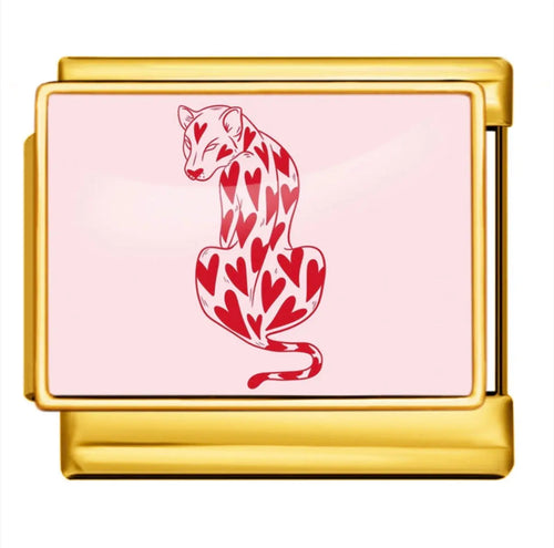Charm léopard rose maillon doré fond rose panthère rouge avec coeurs acier inoxydable bracelet charm italien