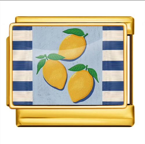 Charm acier inoxydable doré, trois citrons jaunes feuilles vertes sur fond bleu rayures blanches, bracelet charm italien