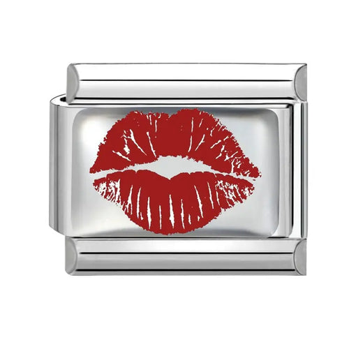 Charm empreinte lèvres rouges sur maillon argenté en acier inoxydable, bracelet charm italien