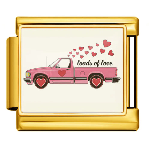 Charm carré acier inoxydable doré, fond émaillé blanc avec pick-up rose et cœurs rouges, bracelet charm italien