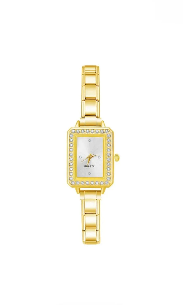Charm montre rectangulaire dorée avec cadran blanc et cristaux en acier inoxydable pour bracelet charm italien