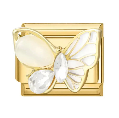 Charm papillon doré émail blanc et cristaux transparents facettés en acier inoxydable pour bracelet charm italien