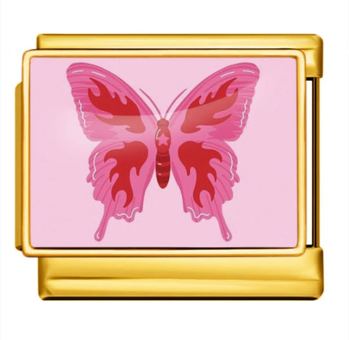 Charm papillon rose fuchsia sur fond rose, maillon doré en acier inoxydable, bracelet charm italien