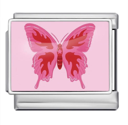 Charm plat papillon rose et rouge sur fond rose poudré, acier inoxydable, bracelet charm italien