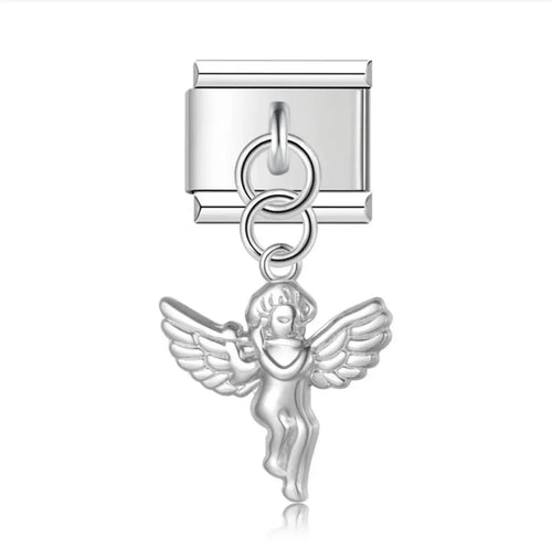 Charm pendentif ange chérubin ailé tenant un cœur en acier inoxydable argenté sur bracelet charm italien