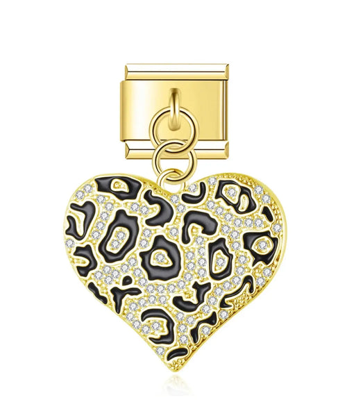 Charm pendentif coeur léopard doré avec taches noires et strass blancs, en acier inoxydable, pour bracelet charm italien