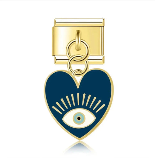 Pendentif coeur bleu marine avec motif evil eye doré en acier inoxydable, pour bracelet charm italien