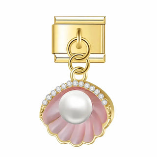 Charm pendentif coquillage émail rose perle blanche nacrée strass dorés, acier inoxydable, bracelet charm italien