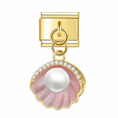 Charm pendentif coquillage émail rose perle blanche nacrée strass dorés, acier inoxydable, bracelet charm italien