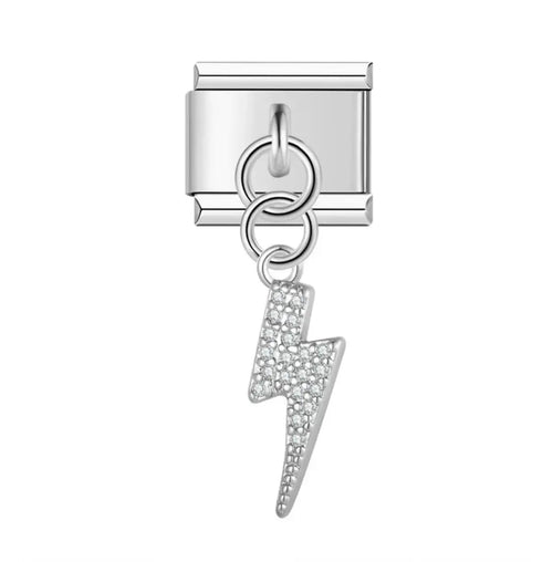 Maillon acier inoxydable argenté avec éclair pavé zircons blancs pendant par deux anneaux, bracelet charm italien