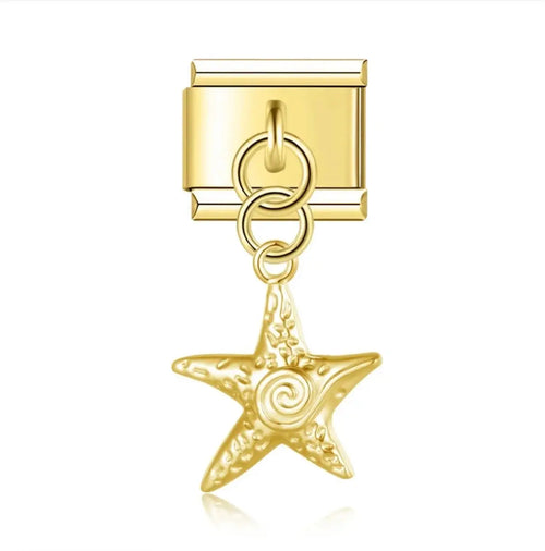 Charm pendentif étoile de mer dorée texturée avec spirale centrale, double anneau, acier inoxydable, bracelet charm italien