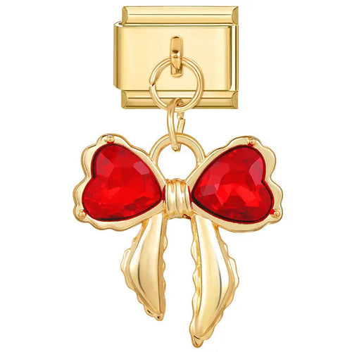Charm pendentif noeud papillon doré avec pierres facettées rouge vif, acier inoxydable, bracelet charm italien