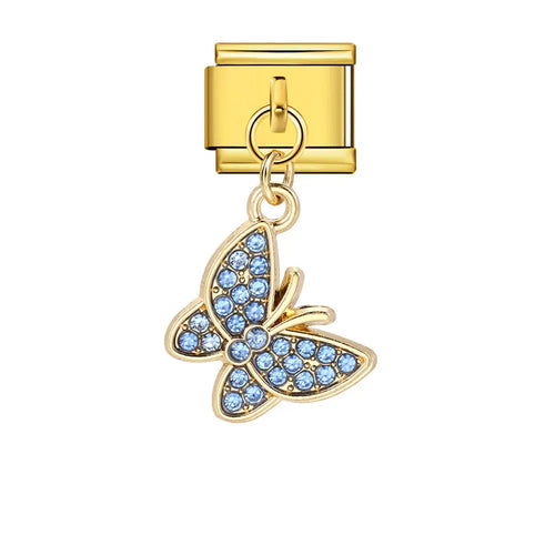 Charm pendentif papillon pavé strass bleu ciel sur maillon doré, acier inoxydable, bracelet charm italien