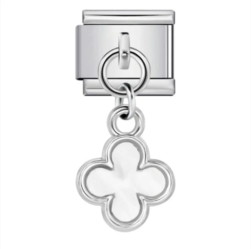 Charm pendentif trèfle blanc quadrilobe nacré contour acier inoxydable argenté bracelet charm italien