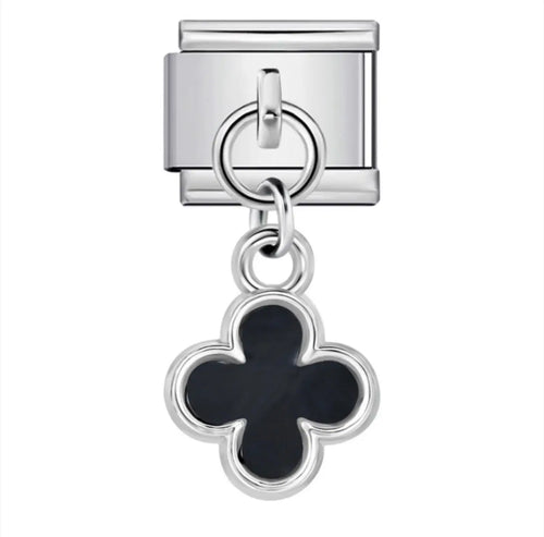 Charm pendentif trèfle quatre pétales émail noir contour argenté en acier inoxydable sur bracelet charm italien