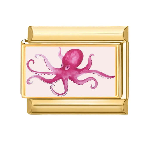 Charm pieuvre rose fuchsia aquarelle sur maillon rectangulaire doré, acier inoxydable, bracelet charm italien