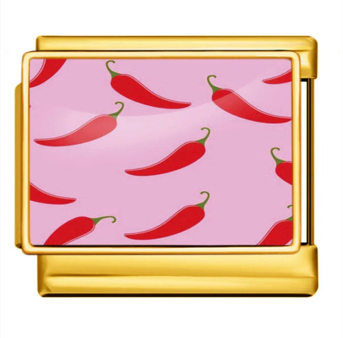 Maillon rectangulaire doré avec motif piments rouges sur fond rose en acier inoxydable, bracelet charm italien