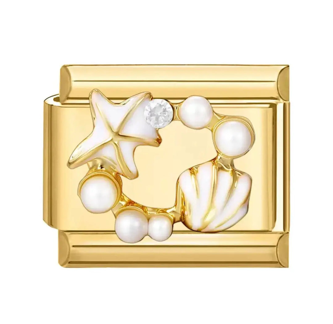 Charm plage nacré doré avec étoile de mer émaillée blanche, coquillage nacré, perles et zircon, acier inoxydable, bracelet charm italien