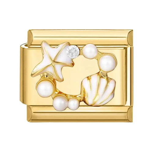 Charm plage nacré doré avec étoile de mer émaillée blanche, coquillage nacré, perles et zircon, acier inoxydable, bracelet charm italien
