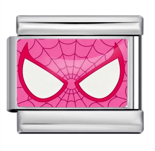 Charm plat masque Spider-Girl fond rose fuchsia yeux blancs acier inoxydable bracelet charm italien