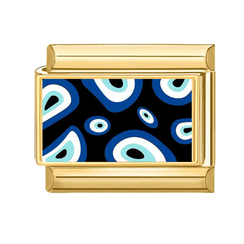 Charm œil grec Mykonos, plaque rectangulaire fond noir avec motifs yeux grecs bleu marine, bleu ciel et blanc, encadrement doré, acier inoxydable, bracelet charm italien