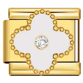 Charm trèfle blanc à quatre pétales en émail avec cristal central serti, contour de perles et maillon doré en acier inoxydable, bracelet charm italien