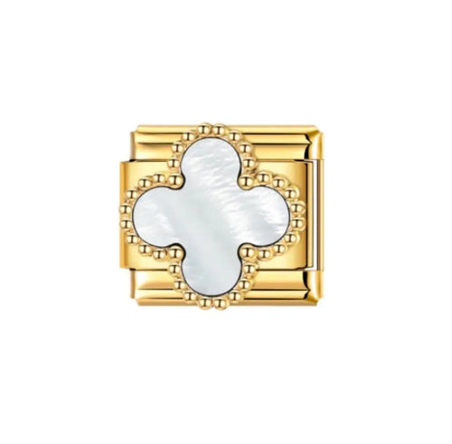 Charm trèfle nacre blanc sur maillon doré avec contour de perles, acier inoxydable, bracelet charm italien